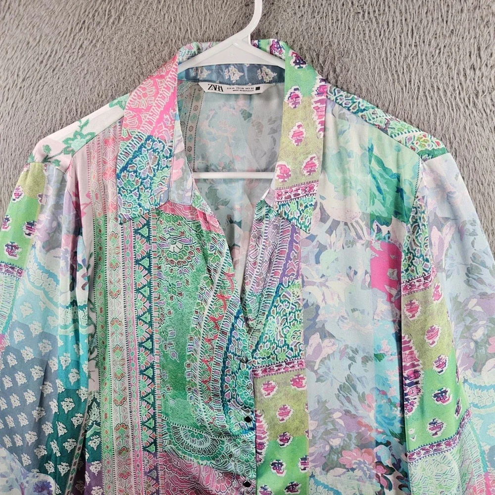 Zara Womens XL Patchwork Paisley Floral Print Button Down Shirt Multi Color - Picture 3 of 9